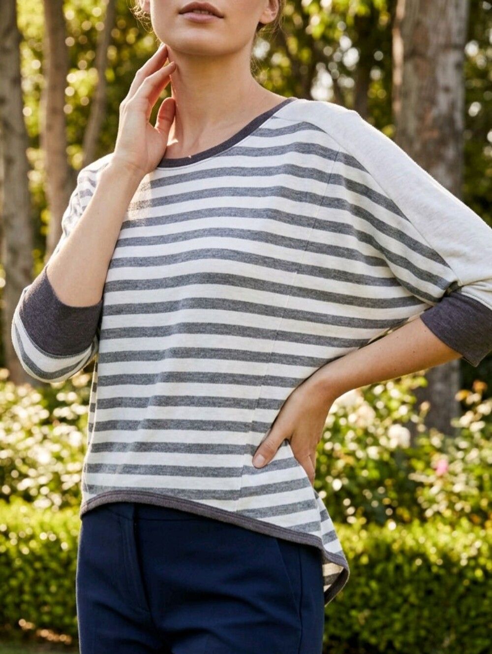 🐞Cream Striped Linen Blend Crop Batwing Top Medium